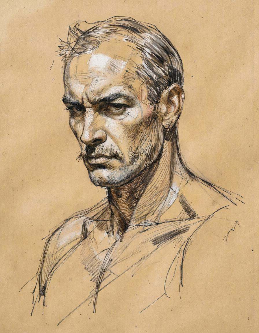 This is a highly detailed and realistic pencil drawing of a middle-aged man with a stern and intense expression. The subje...
