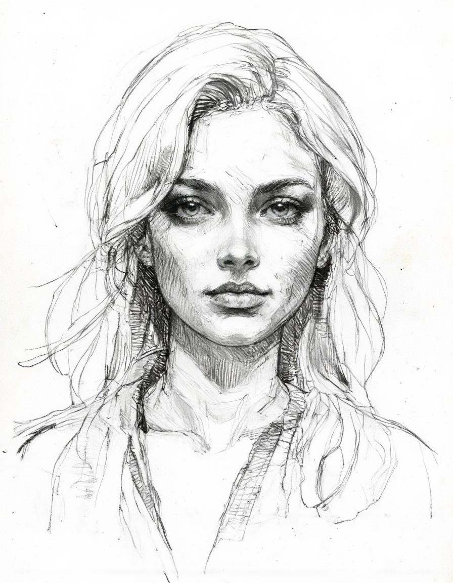 This image is a pencil drawing of a woman's head and shoulders. The artwork is rendered in a detailed,  realistic style wi...