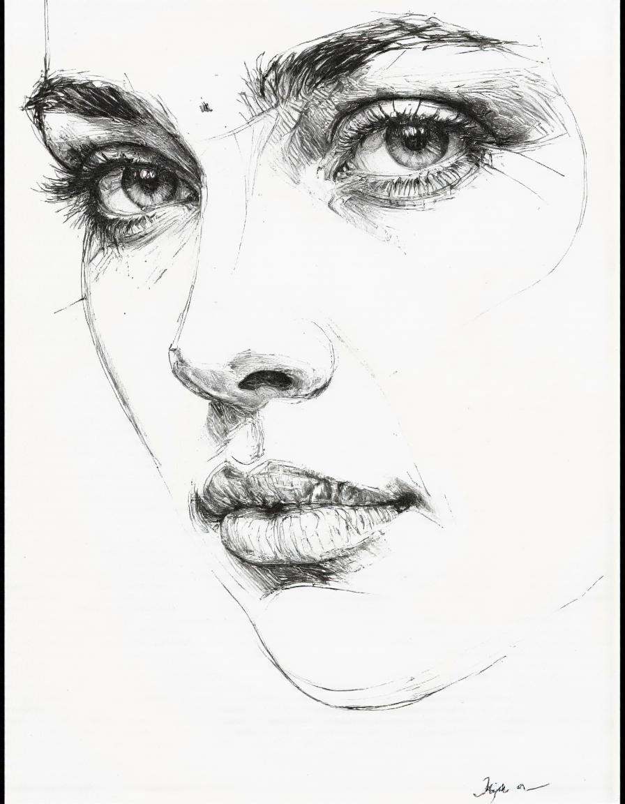This is a black and white drawing of a woman's face,  rendered in a stylized,  expressive manner using ink. The artwork is...