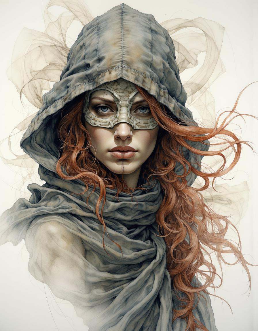 Portrait by Dorota Pietrowiak. This is a highly detailed,  surrealistic watercolor painting of a mysterious female assassi...