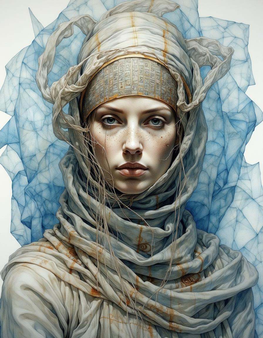 Portrait by Dorota Pietrowiak. This is a highly detailed,  surrealistic watercolor painting of an ancient,  cloaked female...