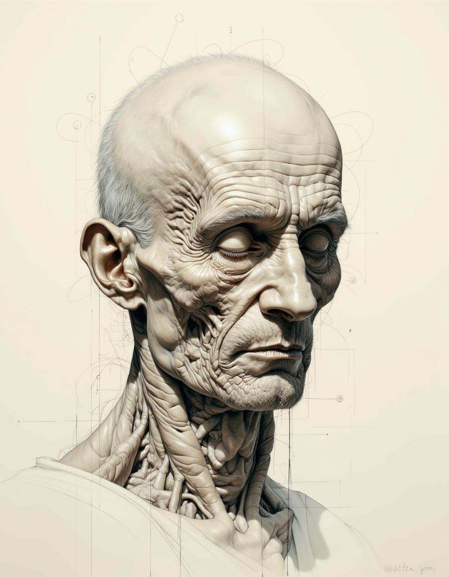 Portrait by Dorota Pietrowiak. The image is a highly detailed,  hyper-realistic drawing of an elderly man's head and neck,...