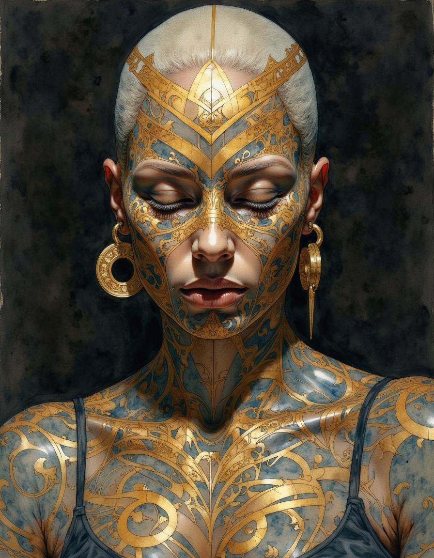 Portrait by Dorota Pietrowiak. This is a highly detailed,  surrealistic watercolor painting of a close-up of a person's up...
