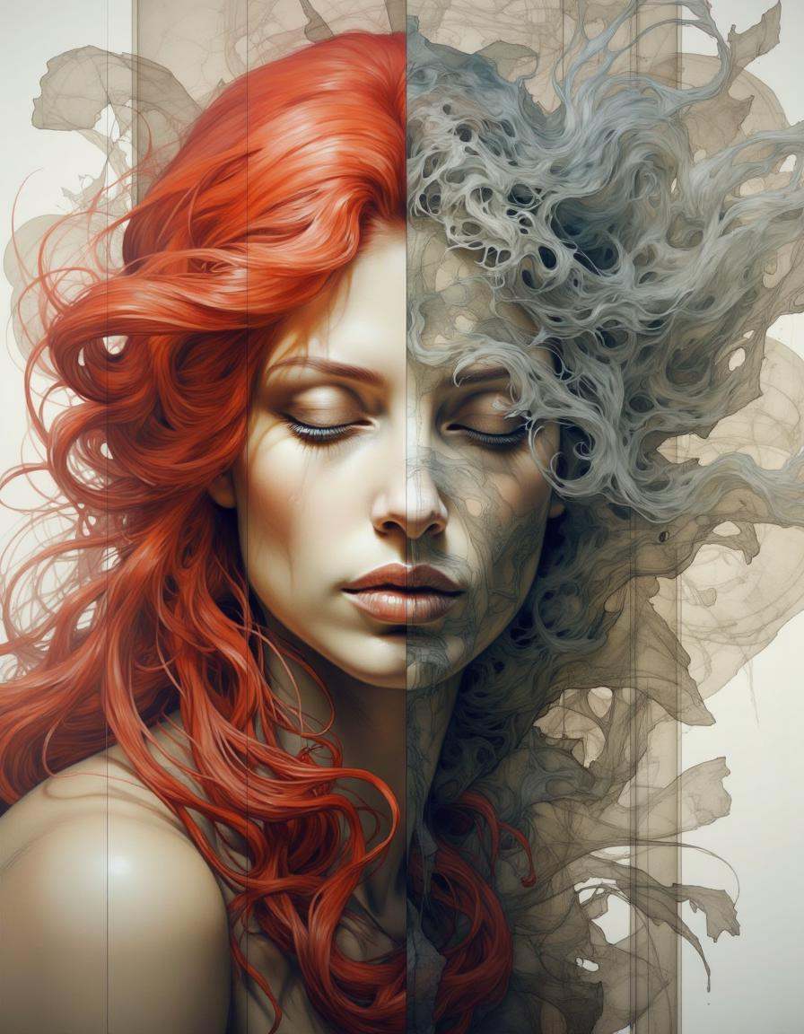 Portrait by Dorota Pietrowiak. This is a highly detailed,  surreal digital painting featuring a woman's face with striking...