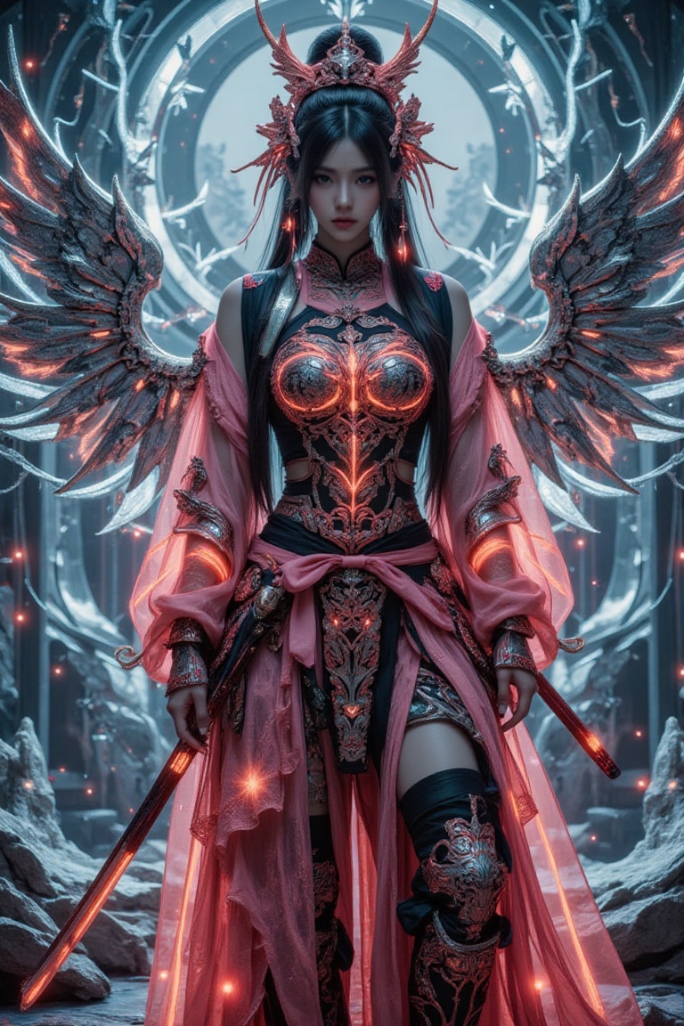 (female samurai),  (High-tech glowing armor),  Full Length Shot.Exquisite details and textures on Tensor.Art