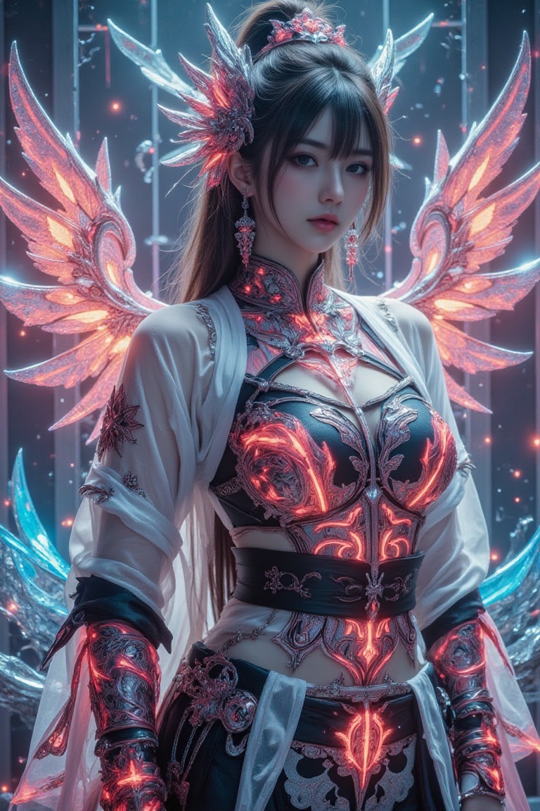 (Kunoichi),  (High-tech glowing armor),  Full Length Shot.Exquisite details and textures on Tensor.Art