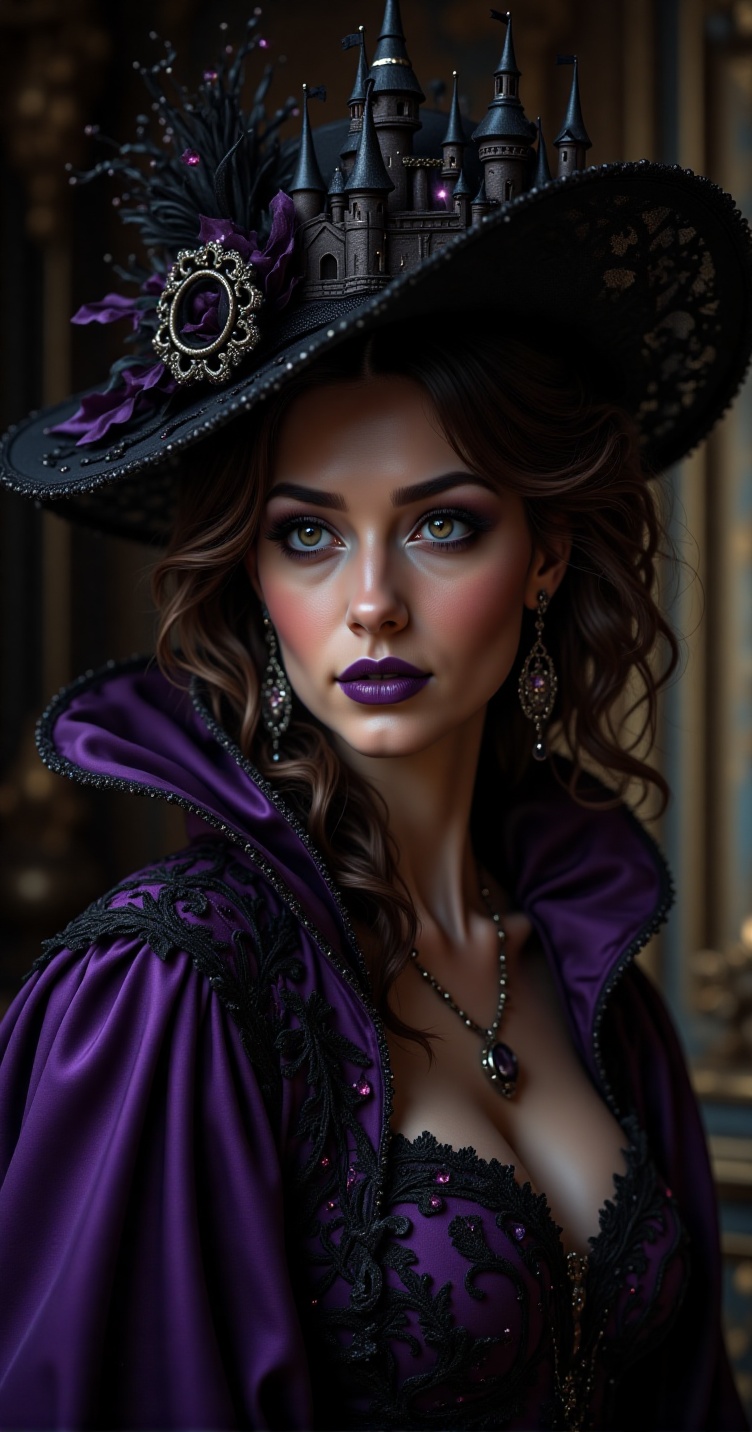 A dark-haired woman in a royal purple gown with black lace and amethysts. Her windswept hair gleams under cinematic lighti...