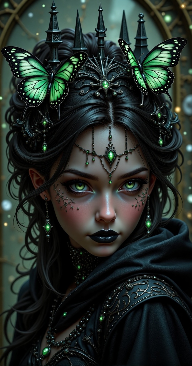 Her piercing green eyes stand out against deep black clothing,  while ethereal butterflies with skeletal patterns flutter...