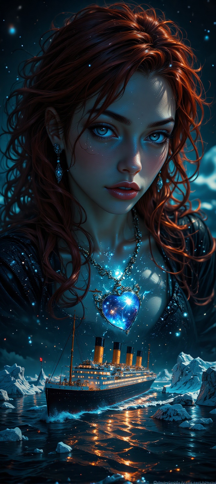 Double Exposure Style: Top - A woman with long wavy red hair and black eyes looks at her with a mysterious expression. She...