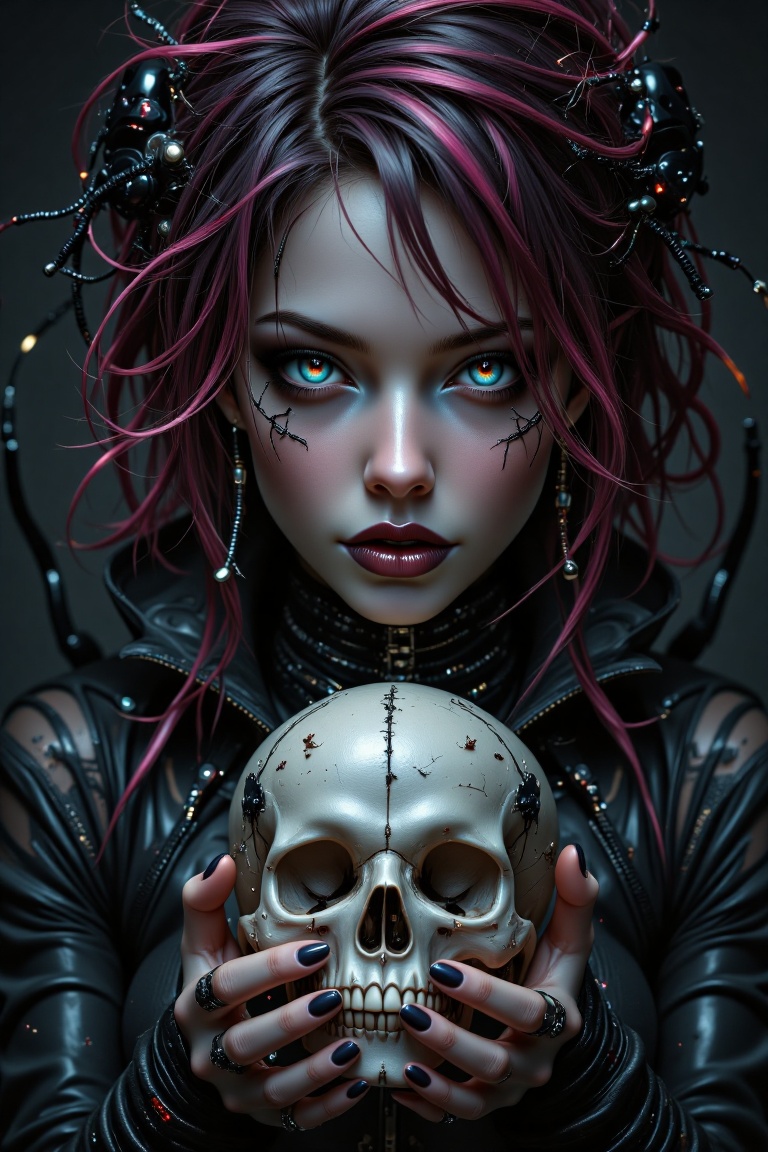 A gothic woman with multicolored cyberpunk hair holds a skull in her hands. Detailed organic implants weave across her ski...
