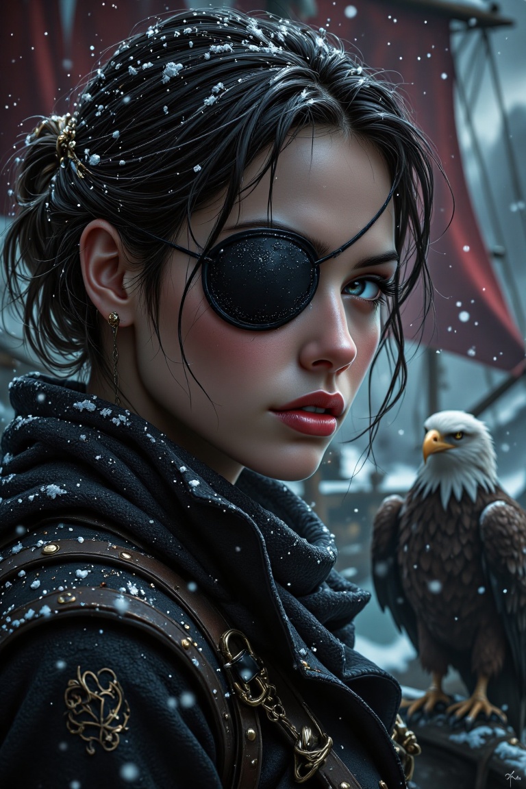 A pirate captain woman in profile,  eye patch,  rain streaming down her face on Tensor.Art