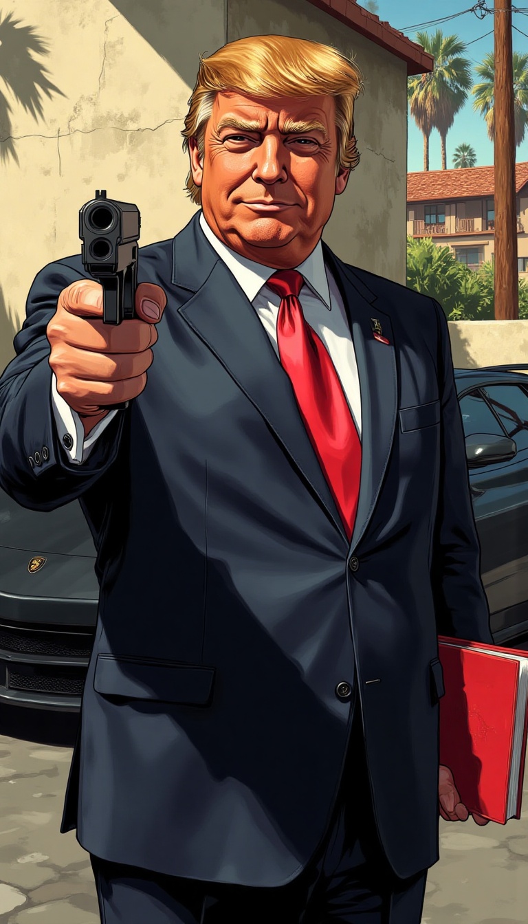 A stylized illustration of a Grand Theft Auto character,  with shadow,  in San Andreas — Donald Trump on Tensor.Art