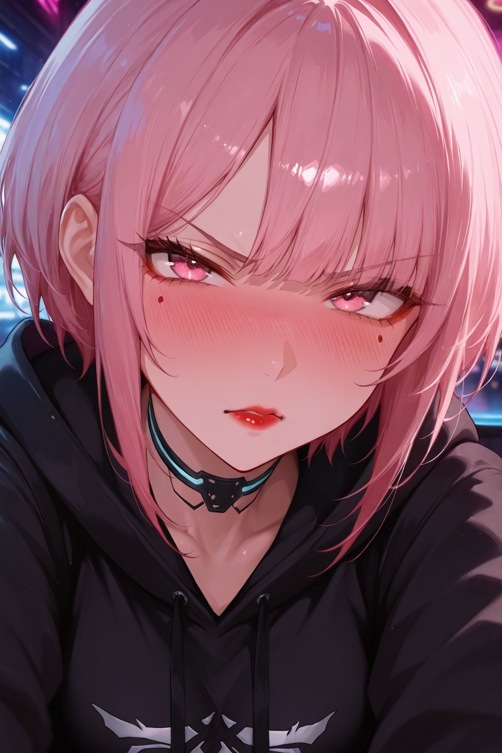 masterpiece, best quality, amazing quality, very aesthetic, high resolution, ultra-detailed, absurdres, newest, 8k UHD, POV, close up, 1girl, solo, look at viewer, short pink hair, bangs, pink eyes, red lips, tsundere, blushing, angry cute face, cyberpunk style, bar, standing, black hoodie, red shirt