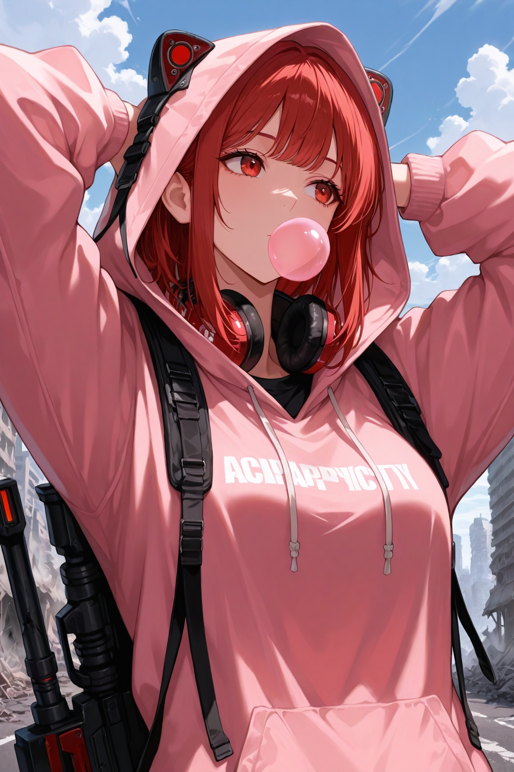 masterpiece, best quality, very aesthetic, ultra-detailed, absurdres, upper body, facing viewer, hands behind own head, 1girl, solo, look away, red hair, medium hair, choppy bangs, himecut, sidelocks, red eyes, bubble gum, pink hoodie, hood up, black shirt, techwear, plasma rifle, (weapon on own behind), headphone on neck, apocalypse, ruined city, blue sky, street, clouds, sci-fi