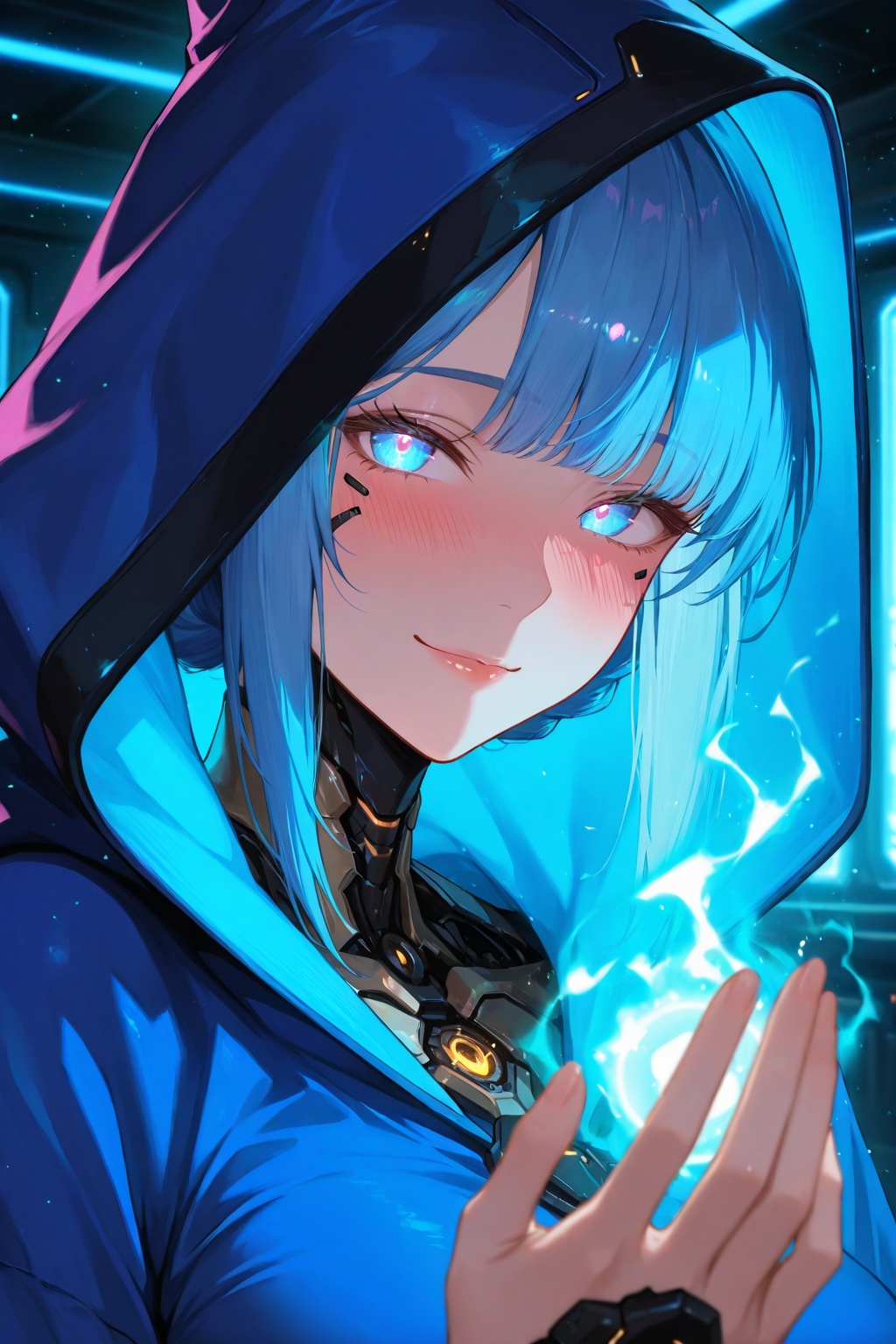 masterpiece, best quality, amazing quality, very aesthetic, high resolution, ultra-detailed, absurdres, newest, 8k UHD, close up, cyborg, 1girl, solo, look at viewer, short blue hair, bobbed hairstyle, bangs, slight smile, happy face, blushing, glowing eyes, cyberpunk, indoors, sorceress, blue robe, hood, magic, fantasy, blue energy aura, blue light particles, neon room