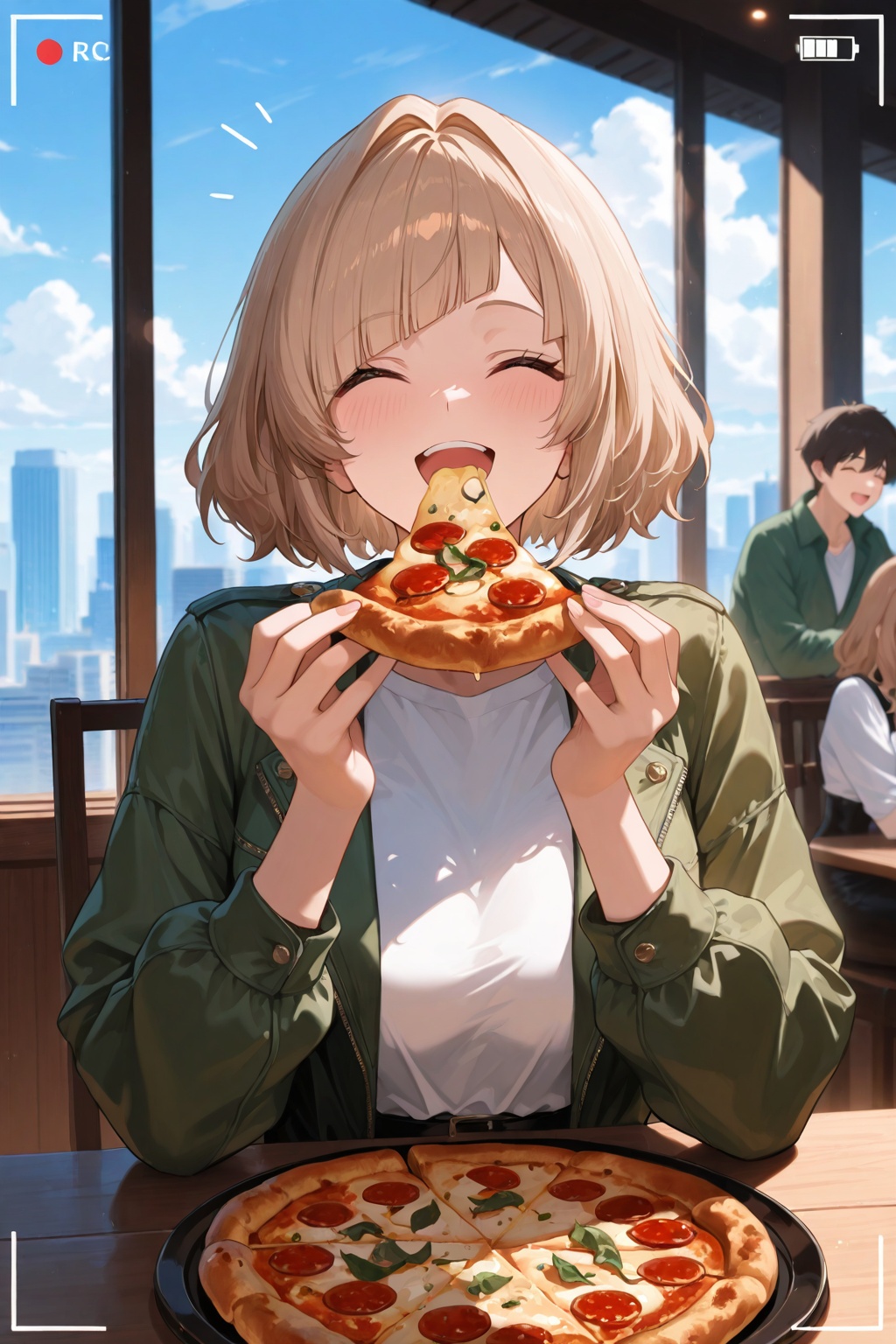 masterpiece, best quality, very aesthetic, ultra-detailed, incredibly absurdres, viewfinder, facing view, upper body, 1girl, solo focus, eating pizza, light brown hair, short hair, bob cut, hair intakes, wavy hair, diagonal bangs, happy, excited, green jacket, white shirt, restaurant, sitting on chair, table, indoors, volumetric lighting, window, city, blue sky, clouds, sunlight, shade
