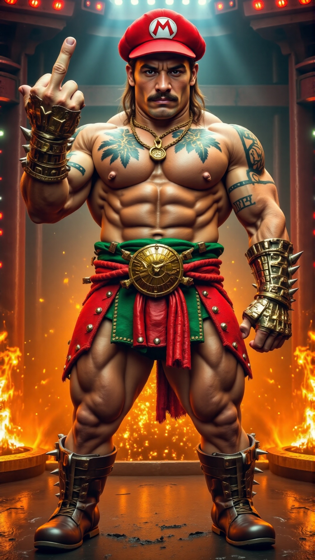 Create a full body image about hyper-realistic and muscular version of Mario/Luigi a plumber-inspired warrior in a mario b...