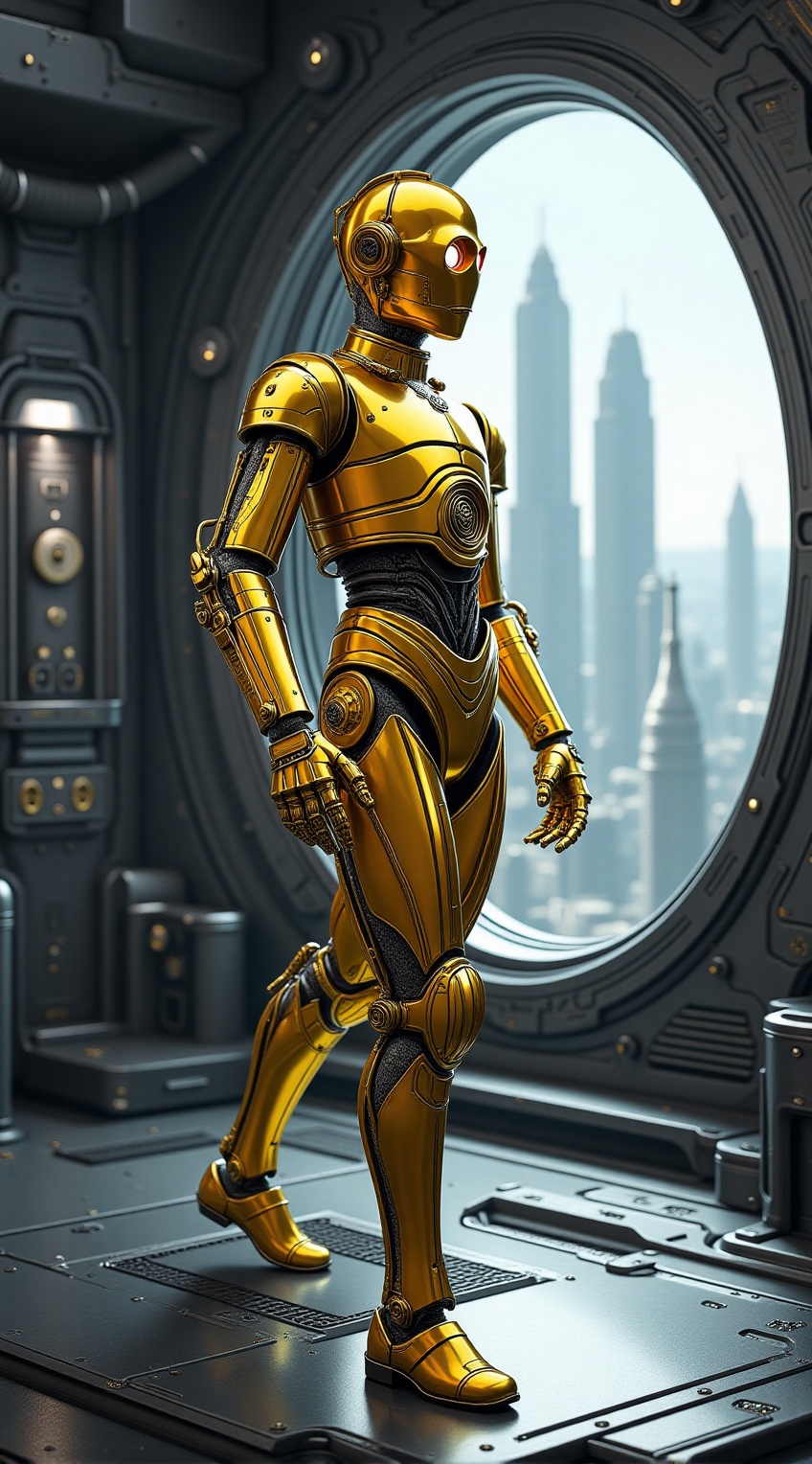 C-3PO \(in Star Wars\),  walking in a futuristic lab,  window on Tensor.Art