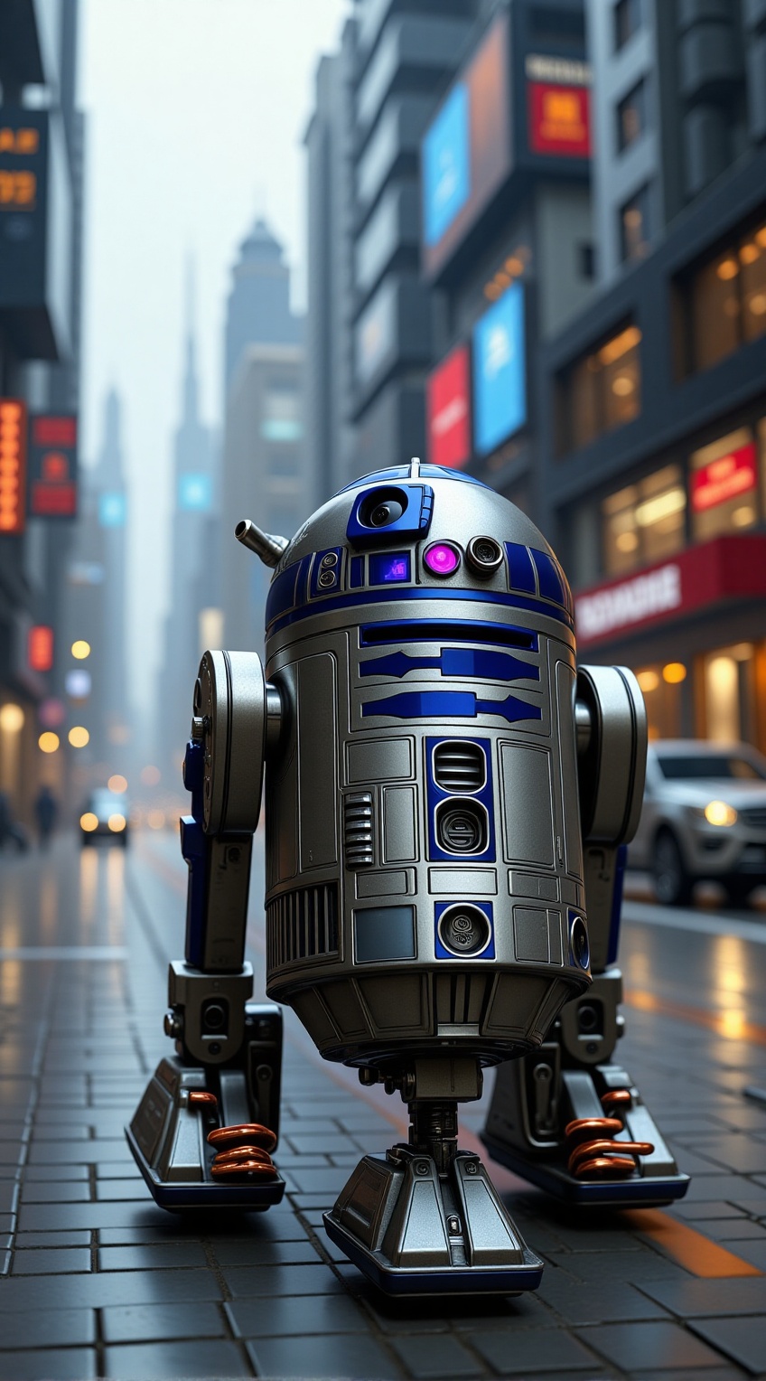 R2 D2 \(in Star Wars\),  moving on a street in a futuristic city,  vehicles on Tensor.Art