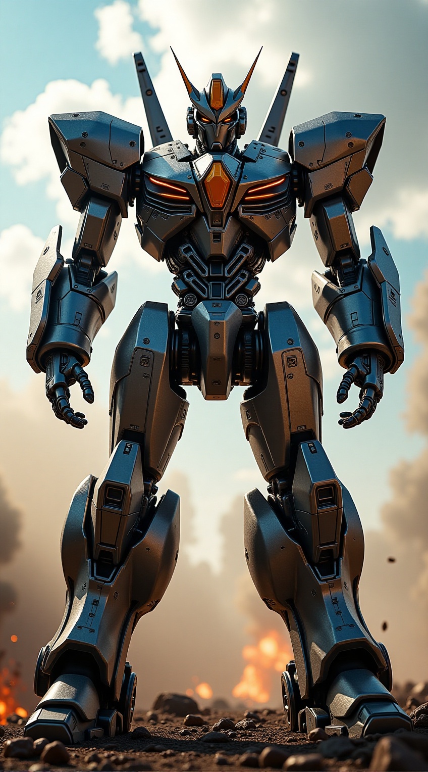 A massive super robot standing heroically on a battlefield,  metallic armor reflecting sunlight,  intricate mechanical joi...