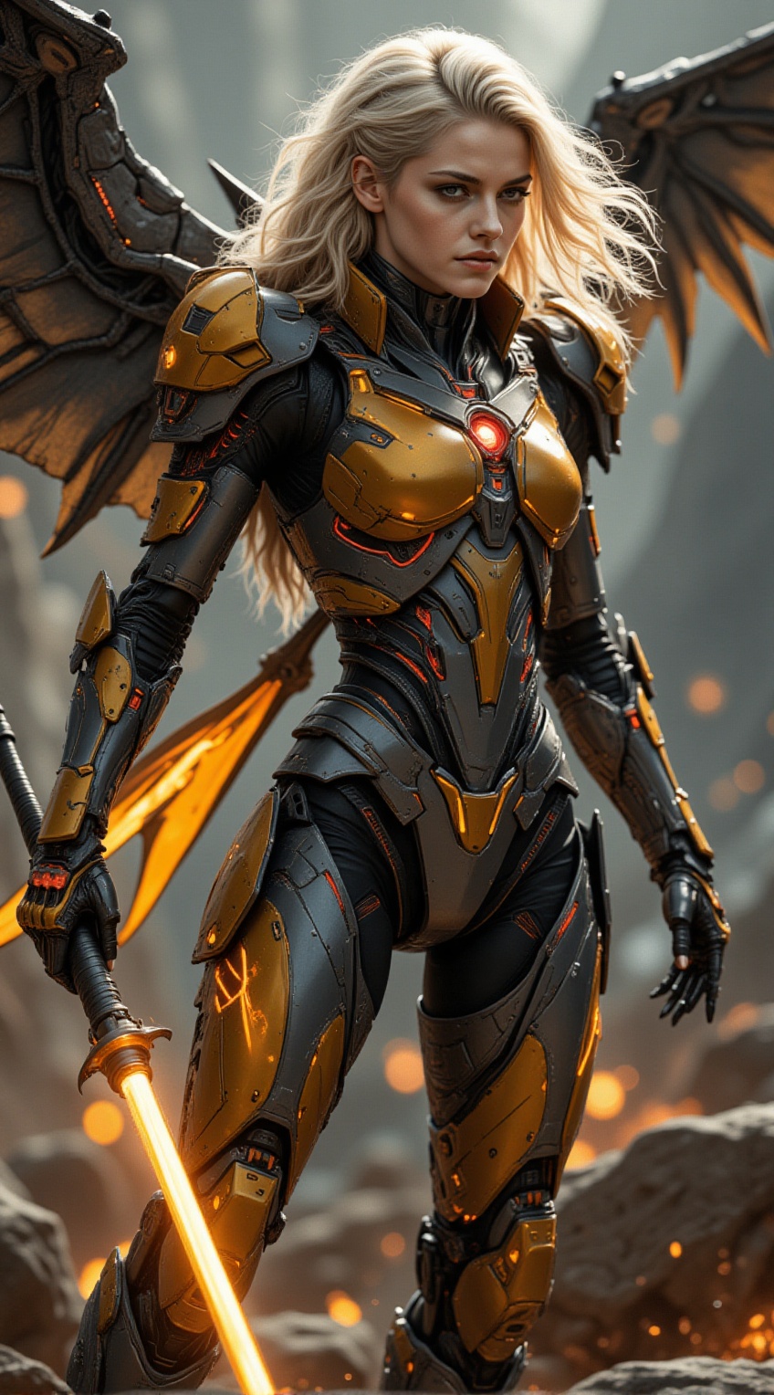 cybernetic war goddess,  beautiful face and blonde hair,  golden and dark silver battle armor on Tensor.Art