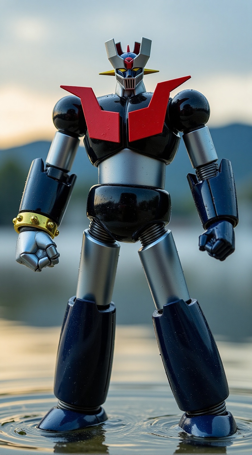 Mazinger Z half-submerged in a large lake,  water droplets glistening on its metallic body,  Super robot on Tensor.Art