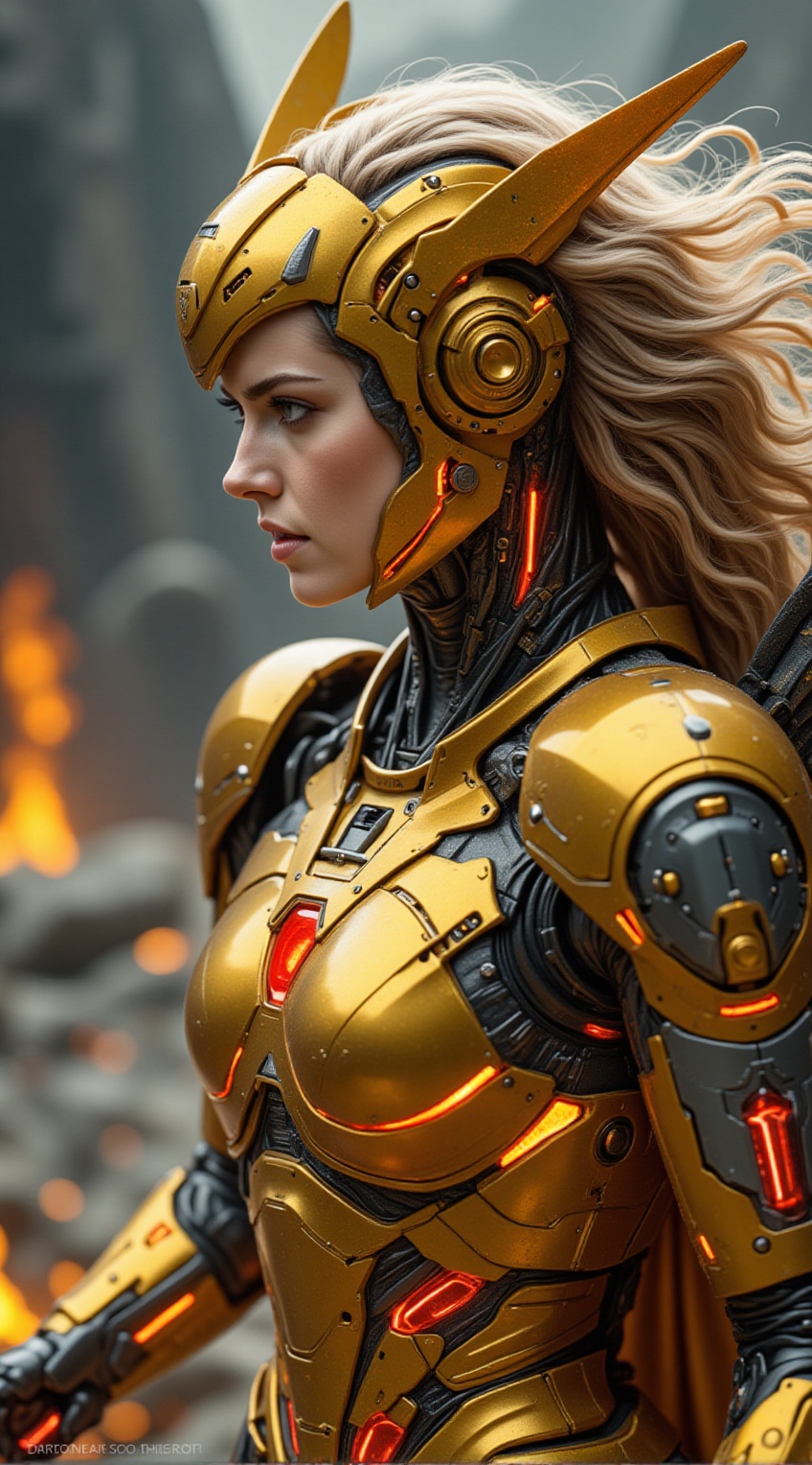 cybernetic war goddess,  beautiful face and blonde hair,  golden battle armor on Tensor.Art