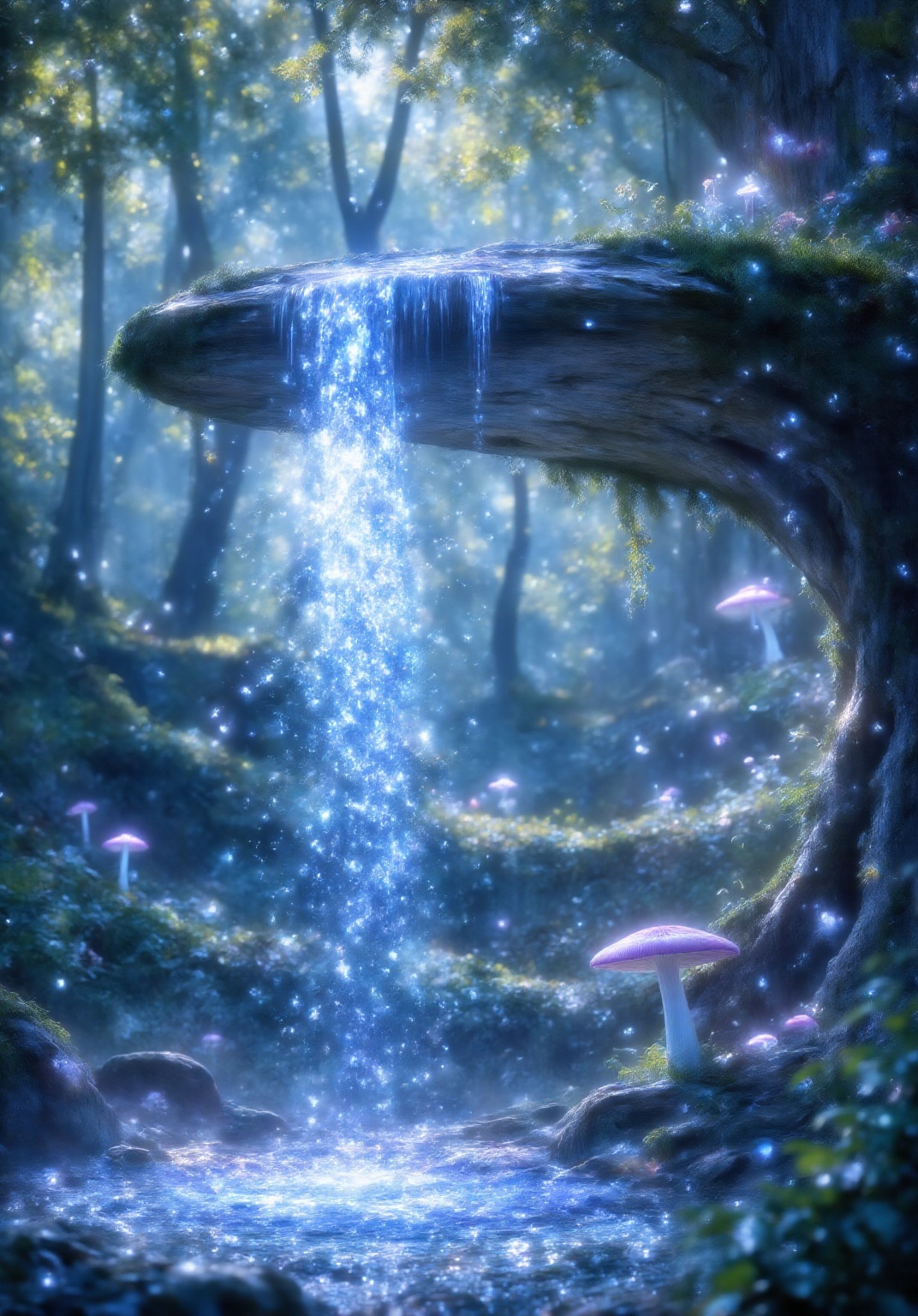 a serene and enchanting forest scene. A moss-covered log extends horizontally,  creating a natural bridge over a small,  r...