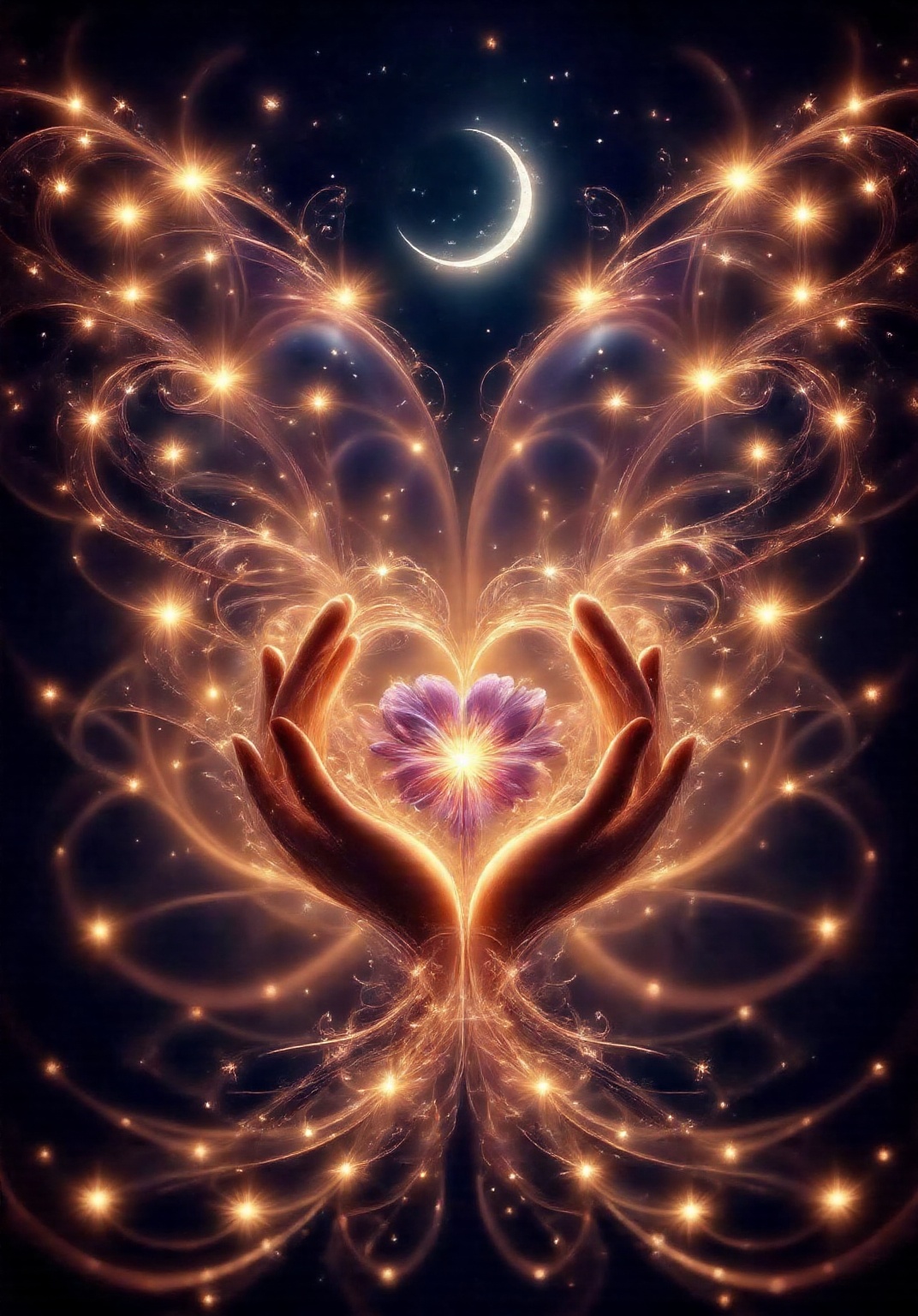 a pair of hands gently cupped together,  forming a heart shape. Within the heart,  there is a glowing on Tensor.Art