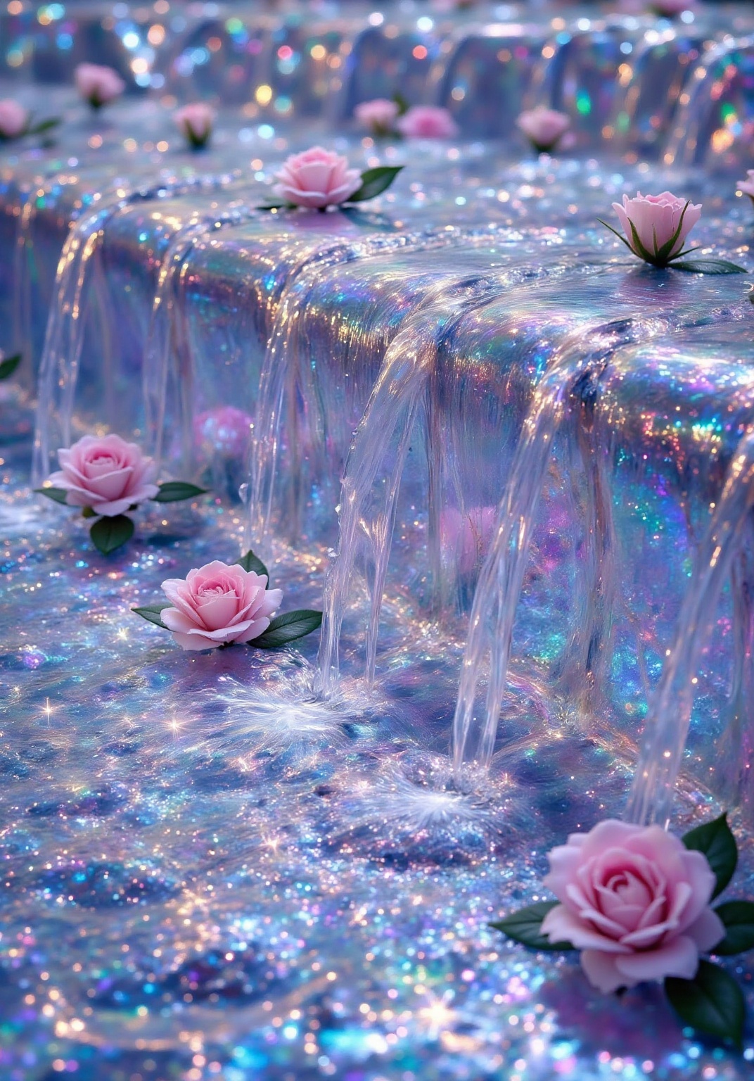 a visually captivating scene with a waterfall cascading over a reflective surface adorned with iridescent,  shimmering mat...