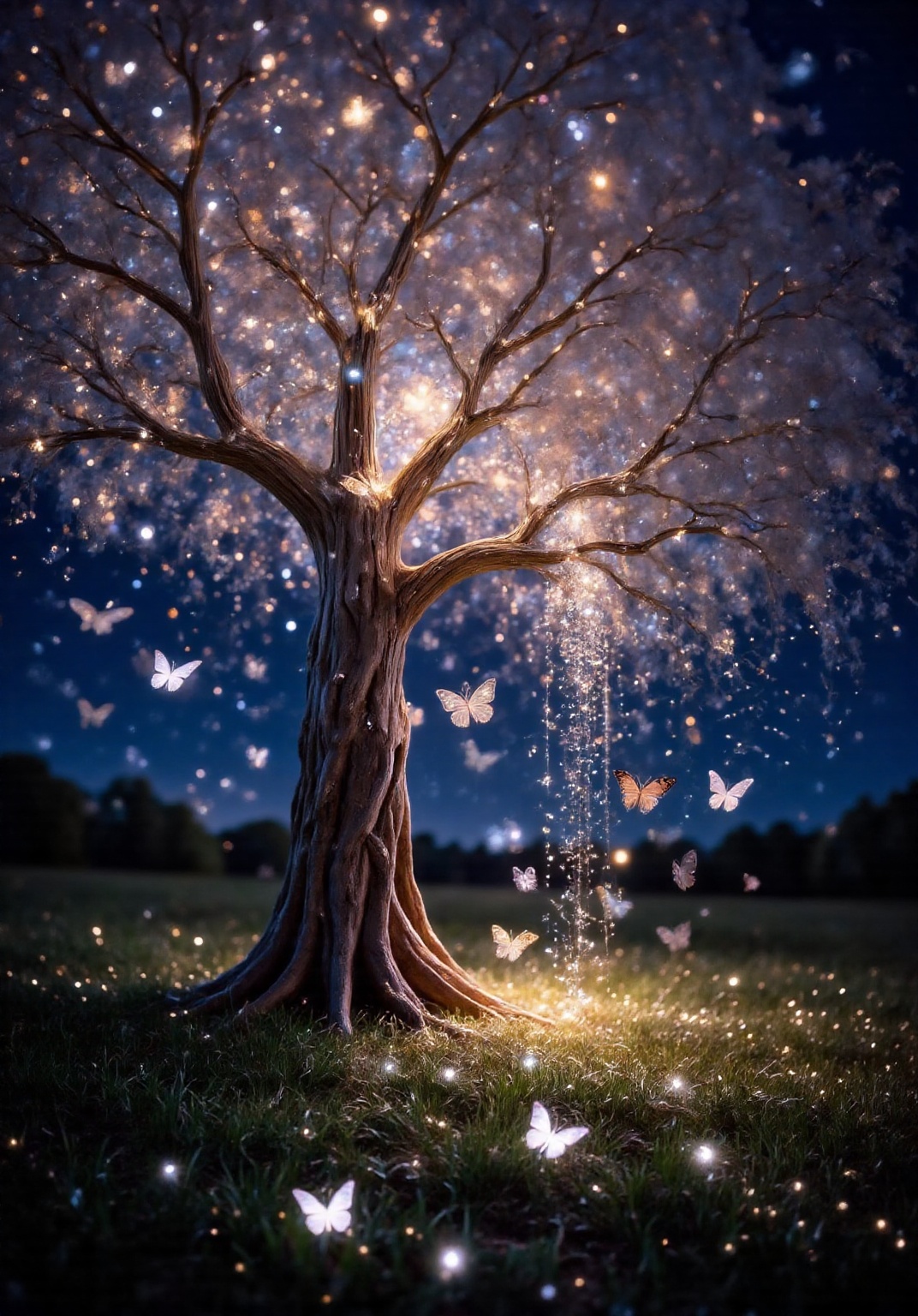 a beautifully illuminated tree at night,  with its branches adorned with glowing orbs of light. The tree's trunk and roots...