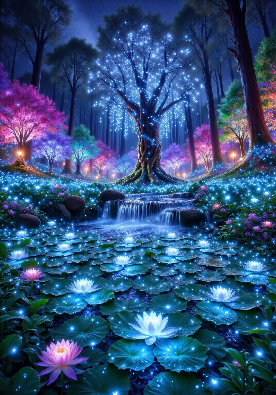 a fantastical forest scene at night,  illuminated by glowing lights and magical elements. A large tree stands prominently...