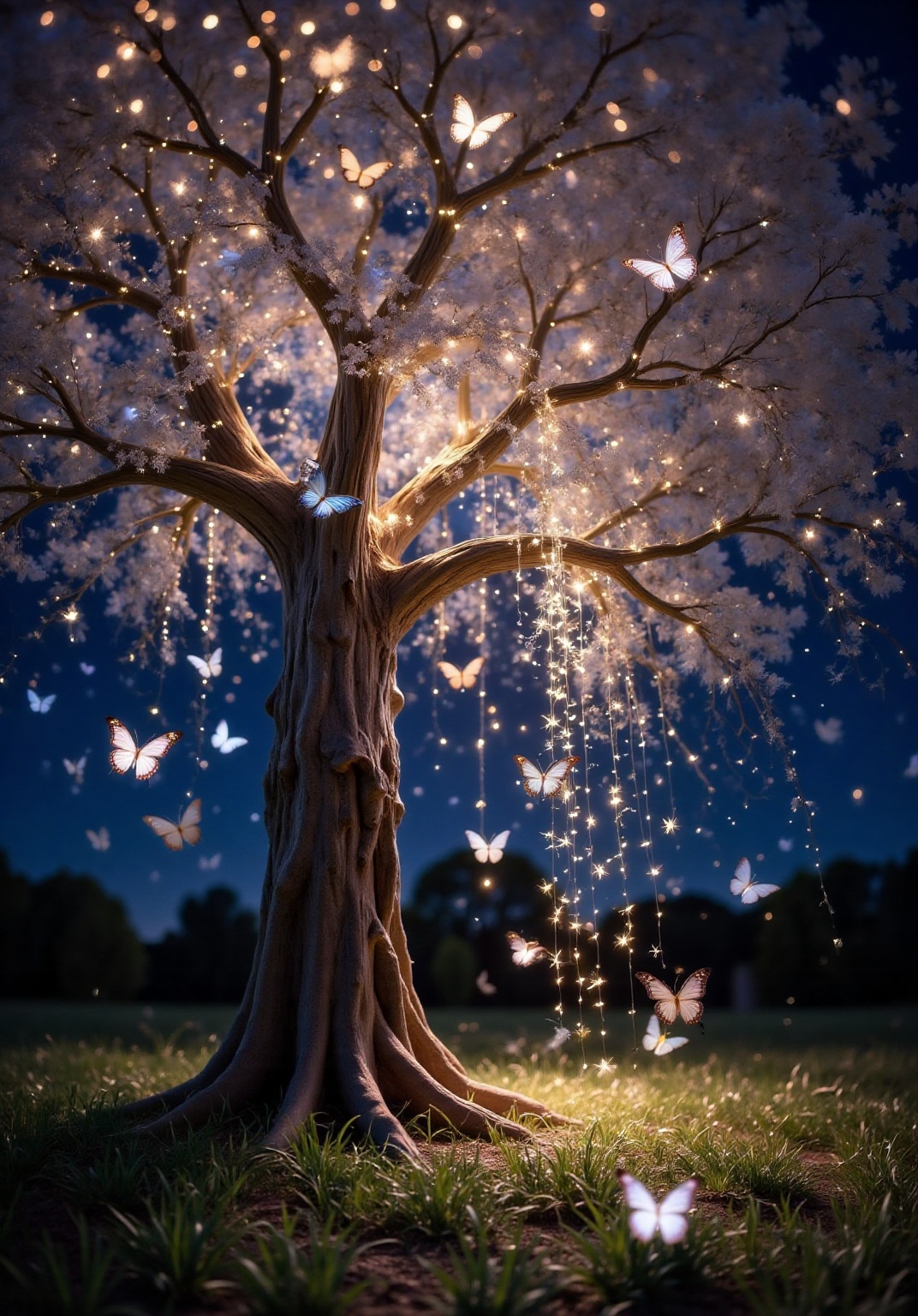a beautifully illuminated tree at night,  with its branches adorned with glowing fairy lights. The tree's trunk and roots...