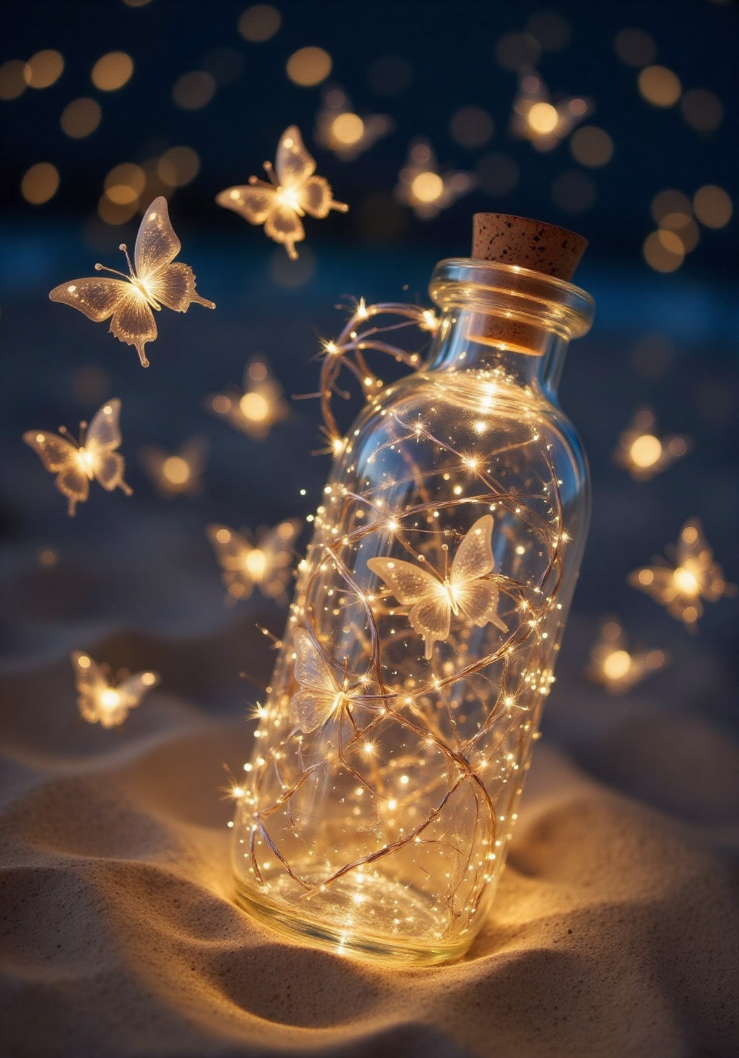 a glass bottle with a cork stopper,  placed on a sandy surface. The bottle is intricately decorated with small fairy light...