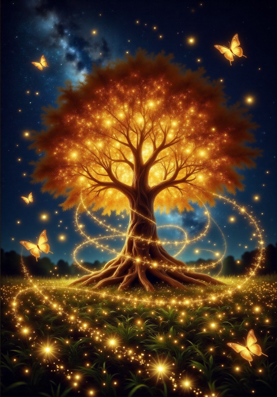 a magical scene with a large,  glowing tree at the center,  surrounded by a field of grass. The tree has a trunk and branc...