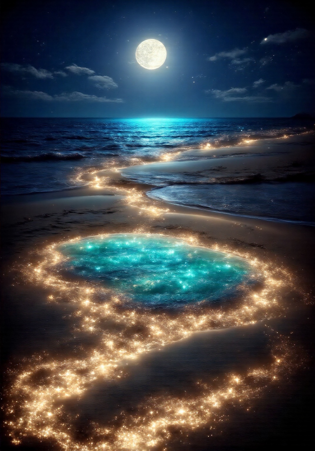 a serene nighttime beach scene. The foreground features a glowing pathway made of golden lights that meanders through the...