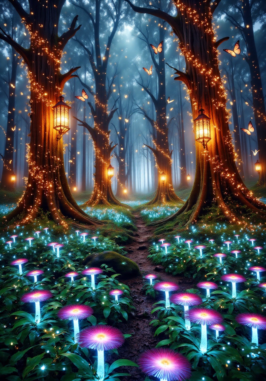 a mystical forest scene with glowing lanterns hanging from the trees,  casting a warm,  ethereal light. The forest floor i...