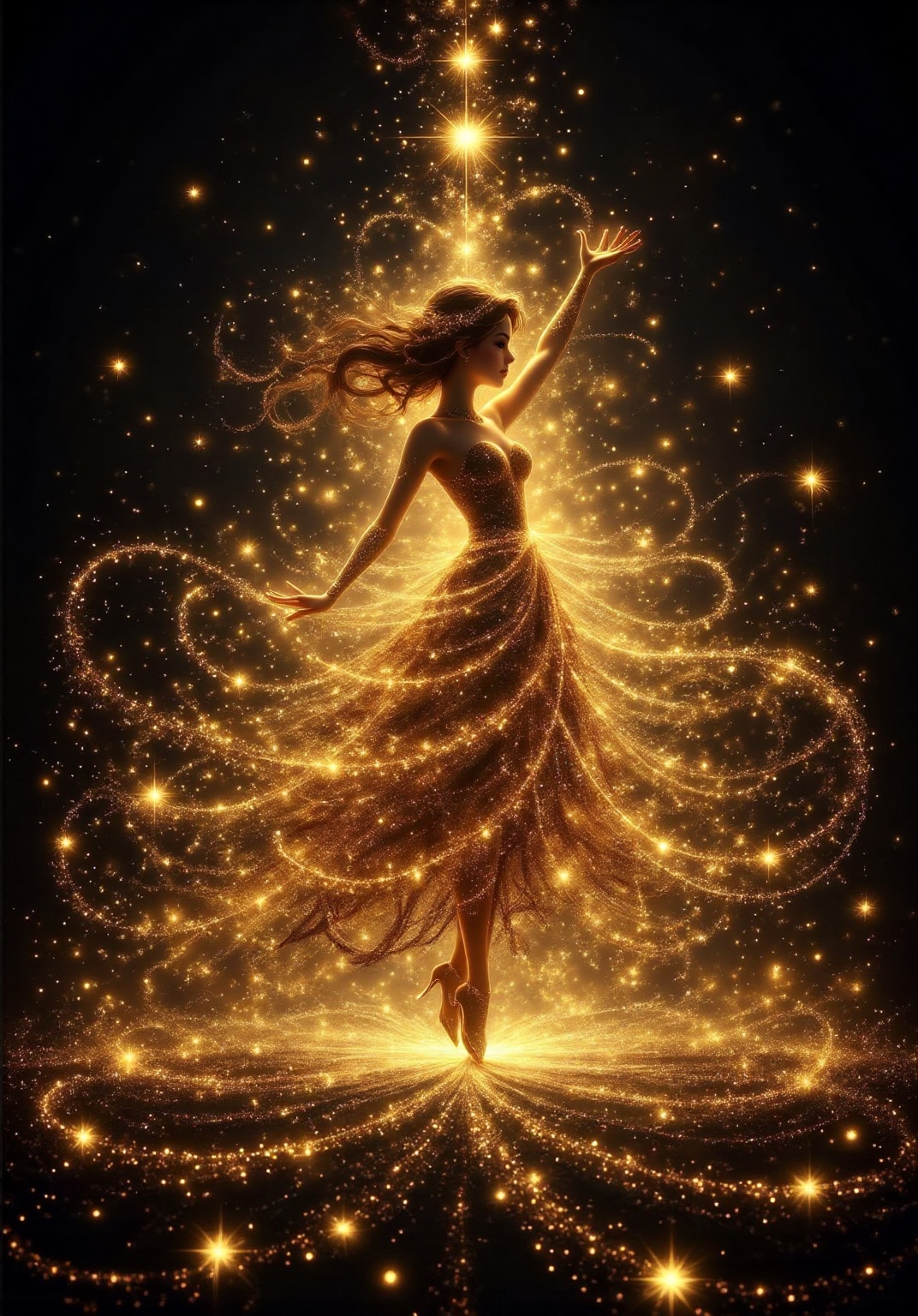 a fairy-like figure standing in a dark background,  surrounded by a multitude of glowing golden stars and swirling pattern...