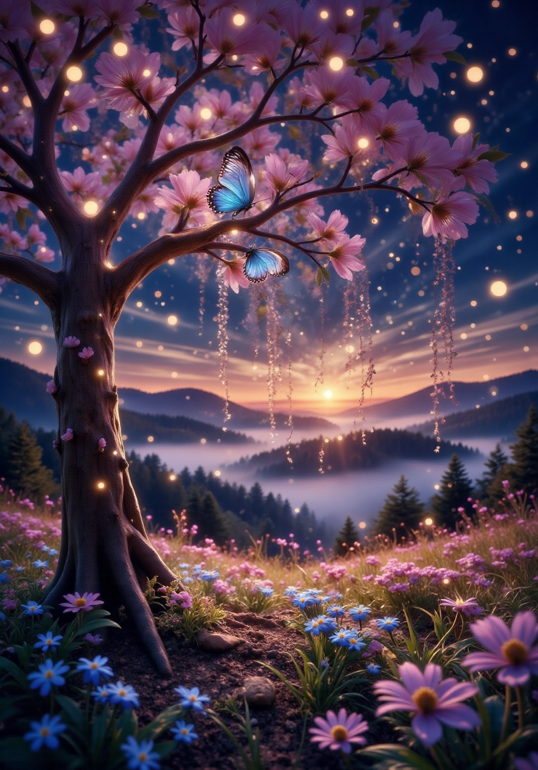 a serene and magical nighttime scene. In the foreground,  there is a tree with pink blossoms,  some of which are illuminat...