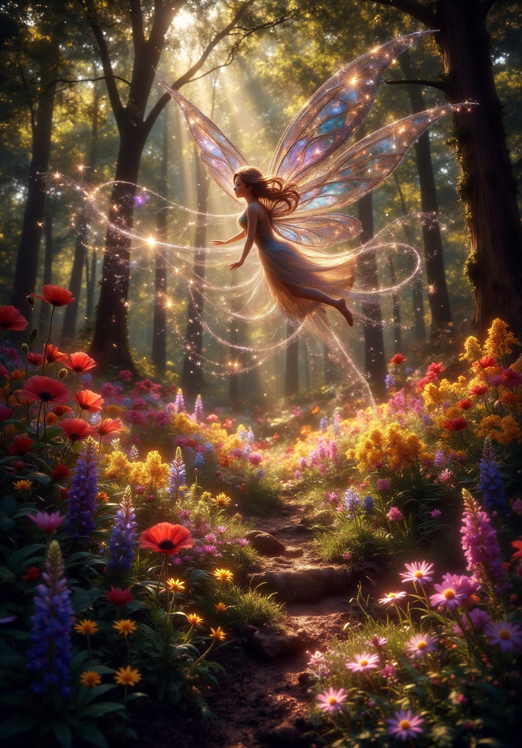 a fantastical scene with a fairy flying gracefully through a lush,  vibrant forest. The fairy has delicate,  shimmering wi...