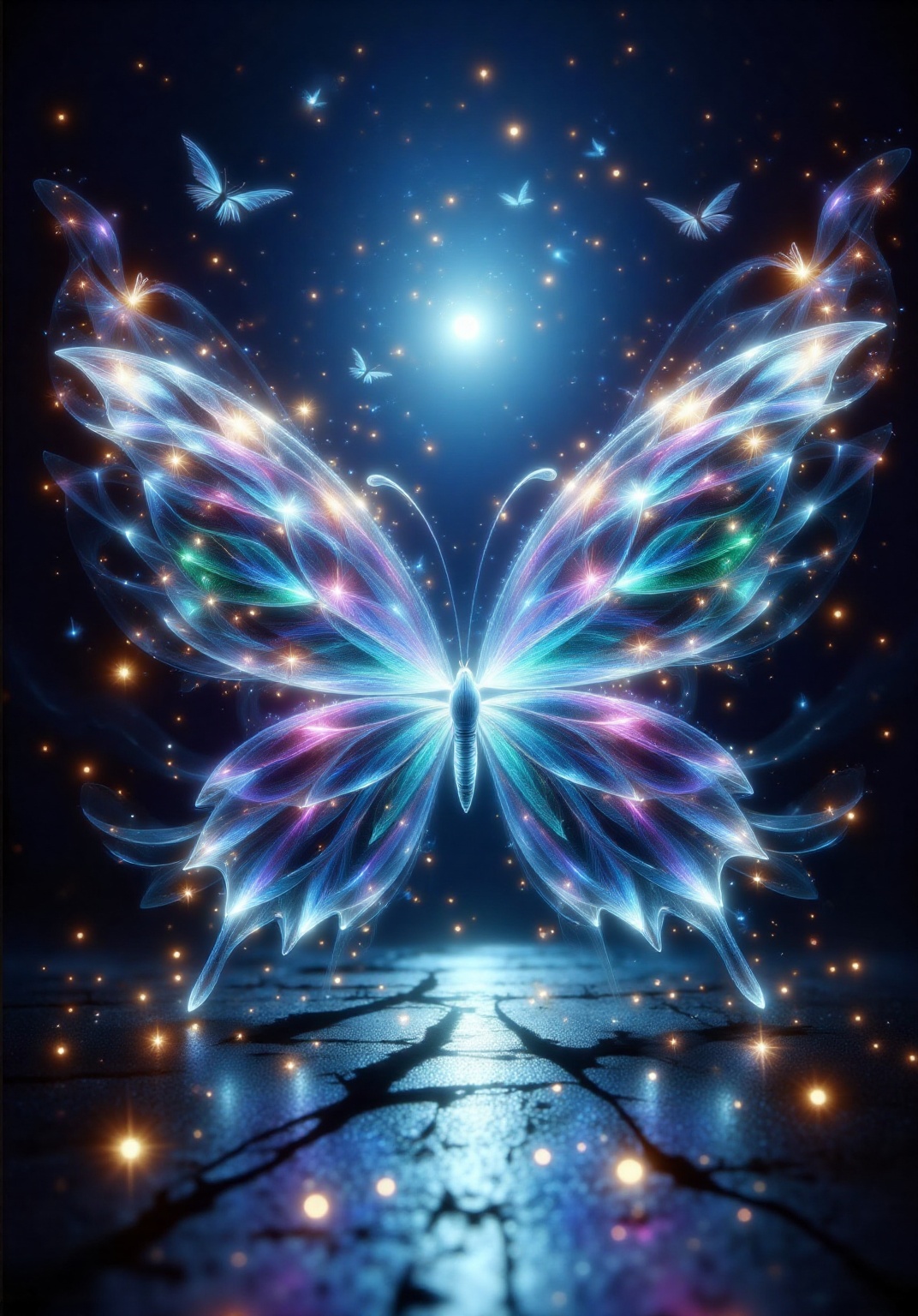 a fantastical scene with a large,  glowing butterfly at the center,  radiating vibrant colors such as blue on Tensor.Art