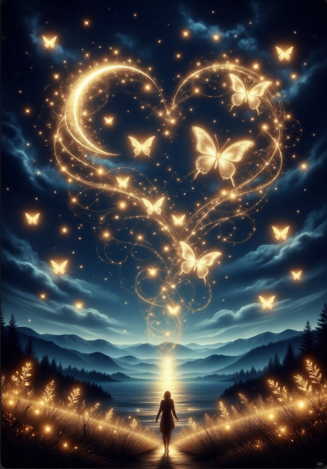 a serene nighttime scene with a glowing crescent moon and a heart-shaped pattern of golden butterflies floating in the sky...