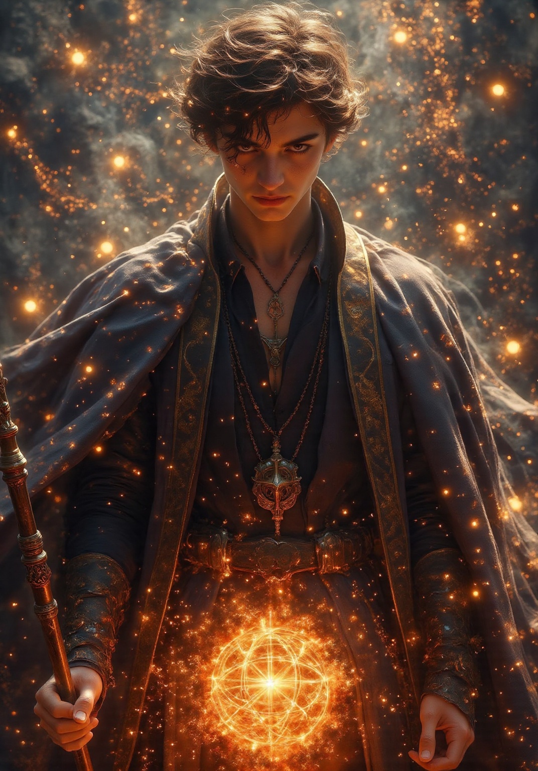 a young person standing in a mystical setting. The individual is dressed in a dark,  flowing cloak with intricate patterns...