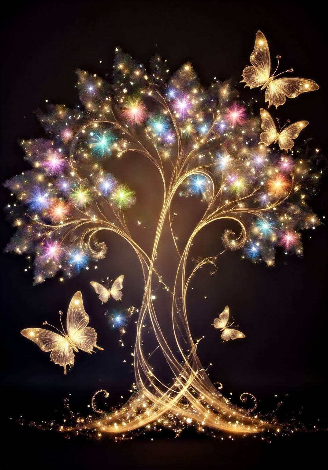 a glowing,  ethereal tree with intricate branches and a multitude of colorful butterflies. The tree is adorned with sparkl...