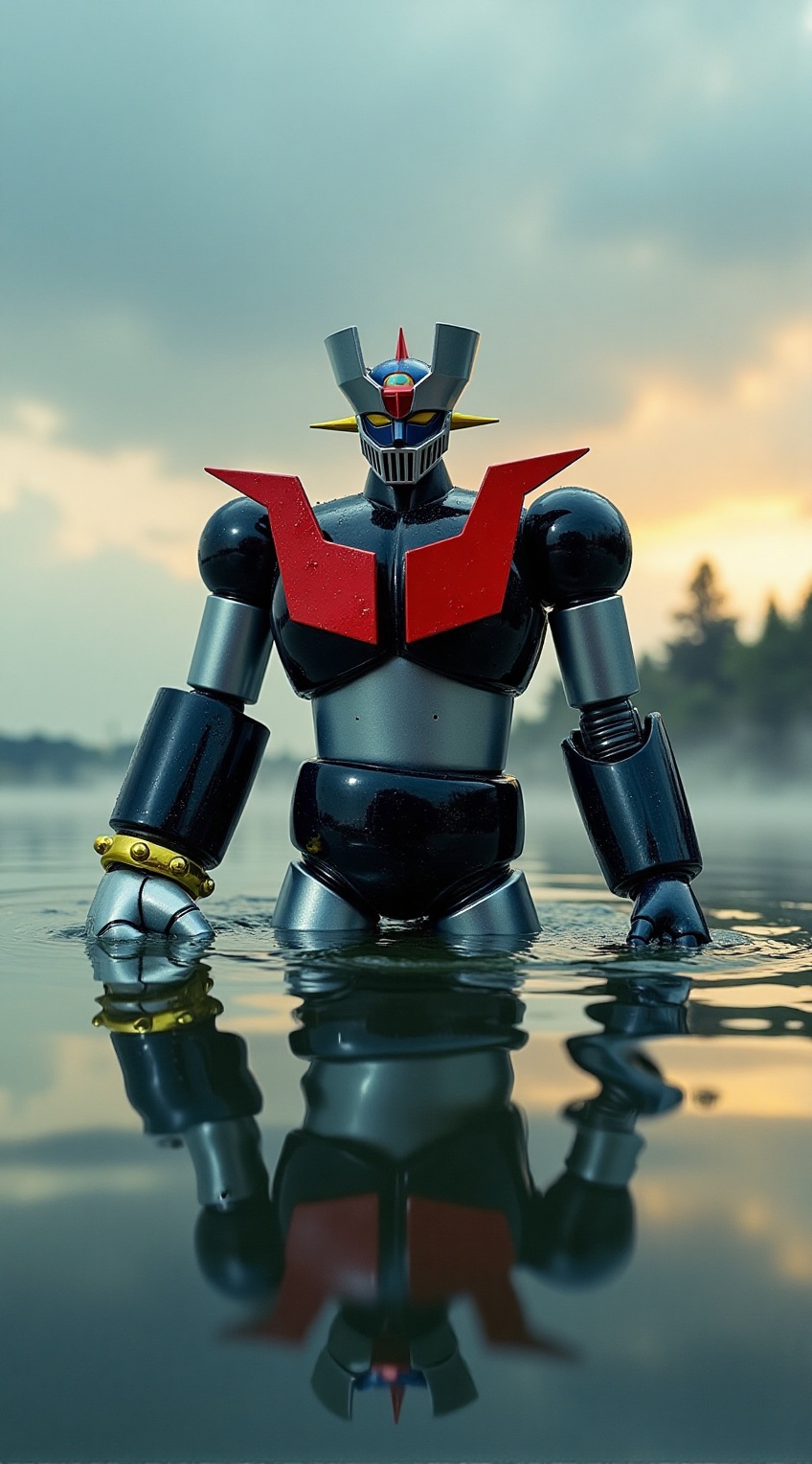 Mazinger Z half-submerged in a large lake,  water droplets glistening on its metallic body,  Super robot on Tensor.Art