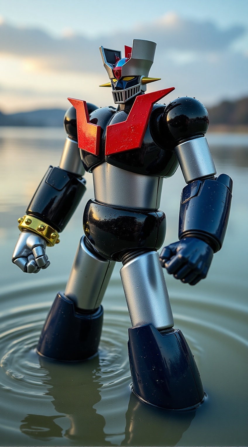 Mazinger Z half-submerged in a large lake,  water droplets glistening on its metallic body,  Super robot on Tensor.Art