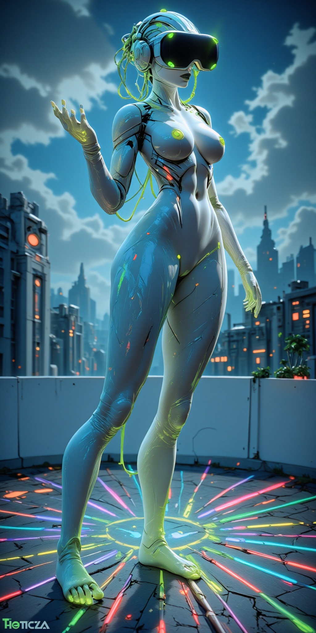 The image depicts a person wearing a futuristic,  form-fitting outfit that shimmers with various colors,  standing on a ro...