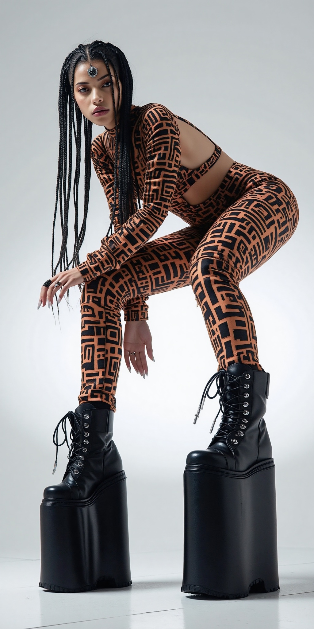 A high-fashion editorial image of a striking female model captured from a dramatic low-angle perspective. She is posed dyn...