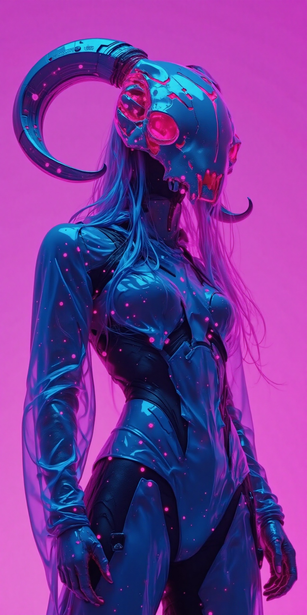 A futuristic cyberpunk-style digital illustration of a person with a sleek metallic mask resembling a ram's skull adorned...