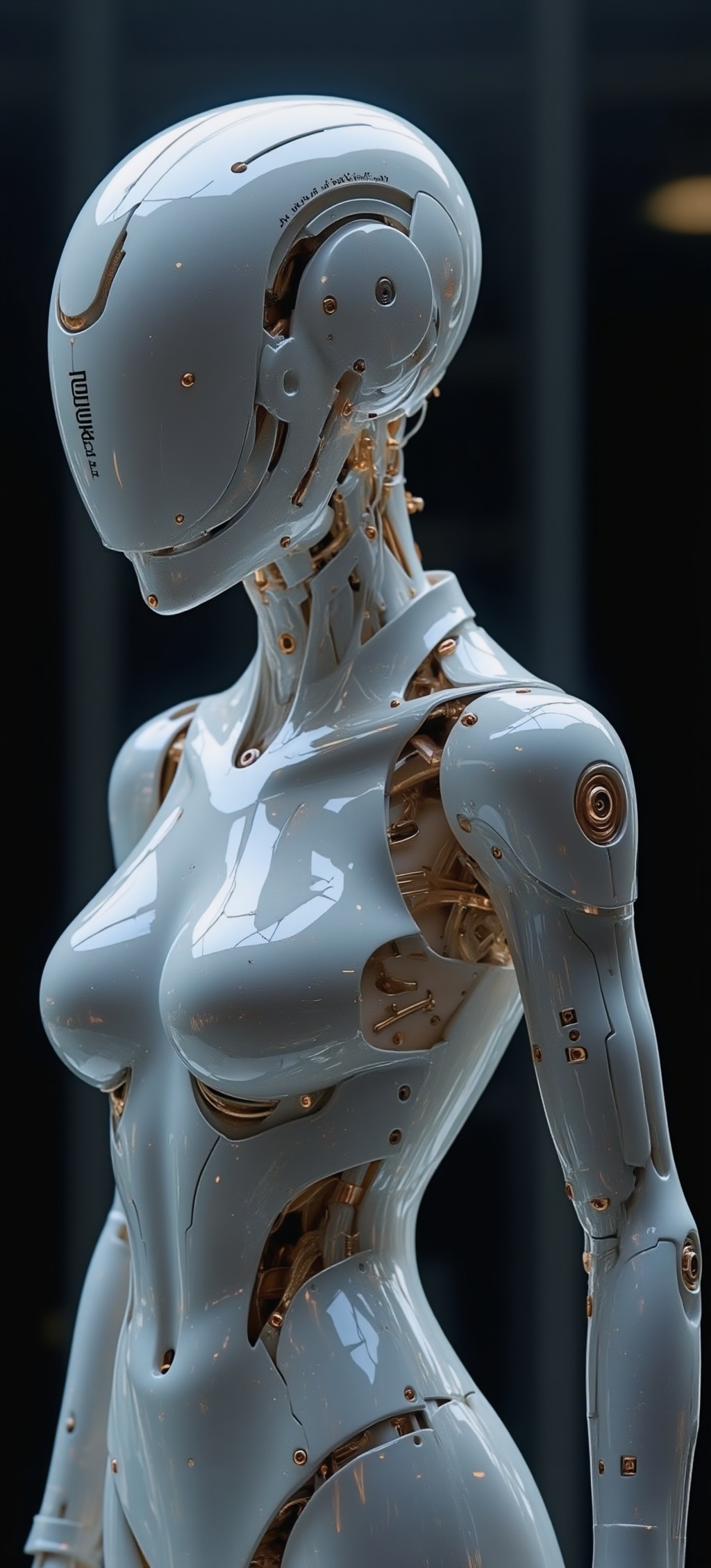 FeMale Mecha robot in cinematic photography. neo mechanic cyberpunk robot,  morse code text in bodywork,  in the style of...